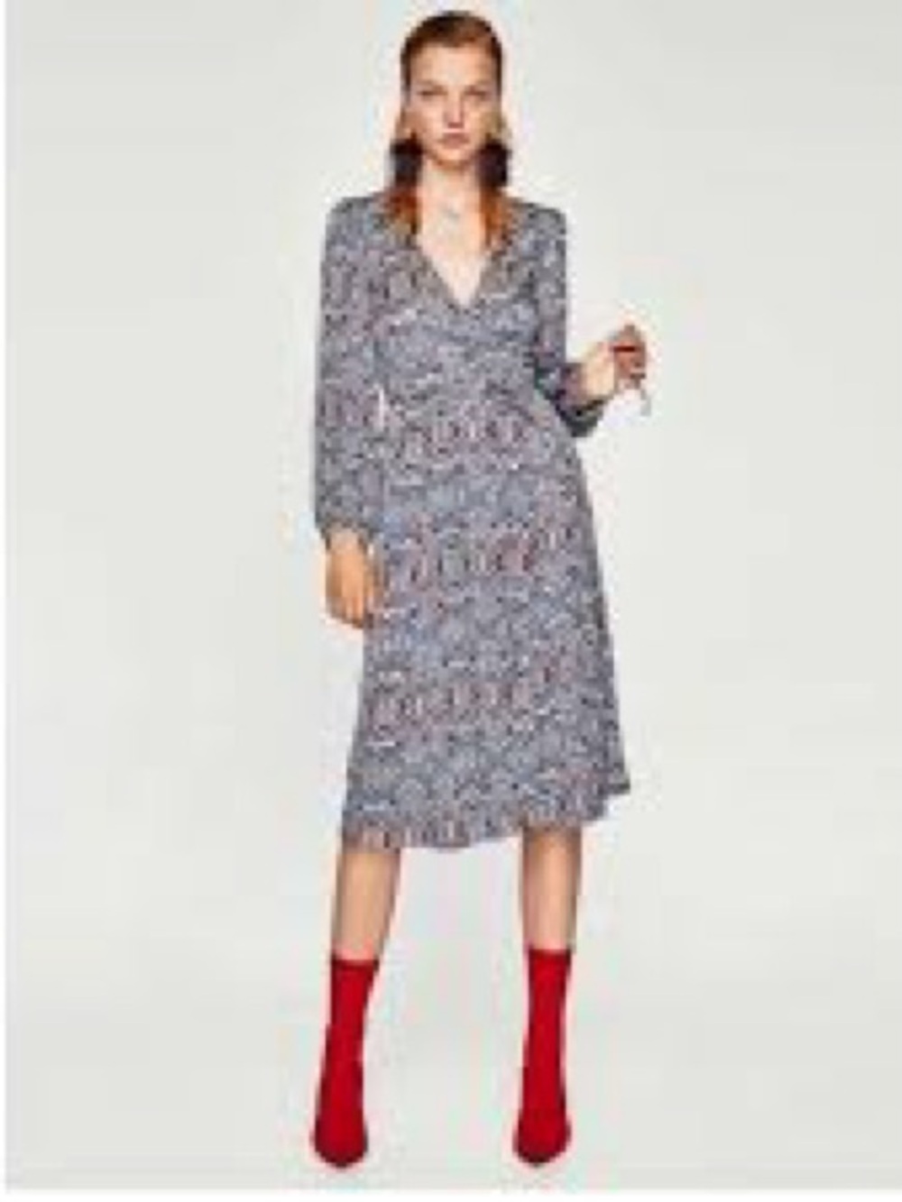 Zara Paisley V-Neck Midi Dress in Grey and Red Accents